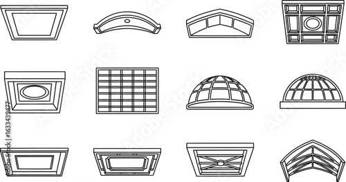 Collection of skylight roof window icons, showcasing various architectural designs for building construction, including glass domes, geometric shapes, and modern interior elements