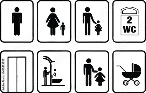 Set of eight informative black and white signs depicting various public facility icons guidance for travelers and families