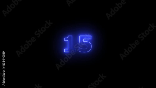 Glowing Neon Text Number 15 Animation     – Bright Neon Number Countdown Icon on Black Background for Timers, Intros, Digital Displays, and Motion Graphic Projects