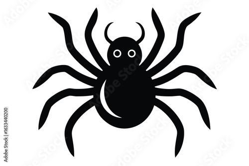 Cartoon Black Spider Illustration with Eight Legs, Eyes, and Small Horns on Head