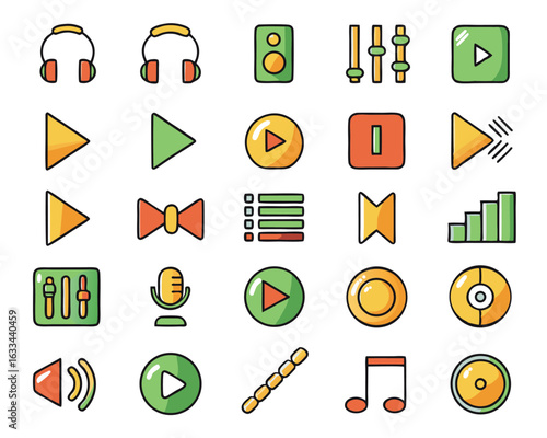 Collection of forty distinct music player interface elements and controls for digital applications isolated on transparent background