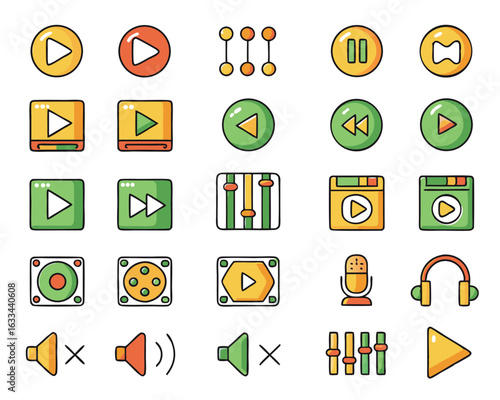 Comprehensive collection of music player interface elements and controls for digital applications isolated on transparent background