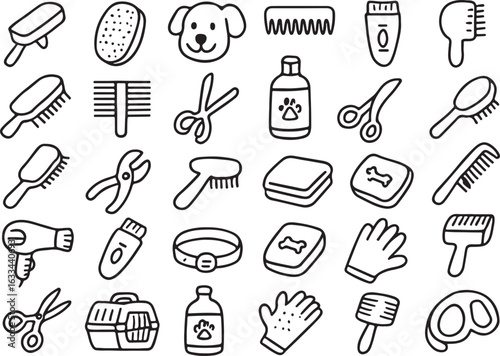 Assortment of dog grooming tools and accessories in a doodle style brush comb