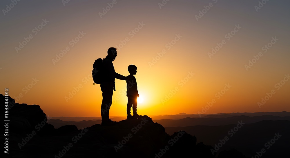 Fototapeta premium 夕日と親子シルエット、山頂