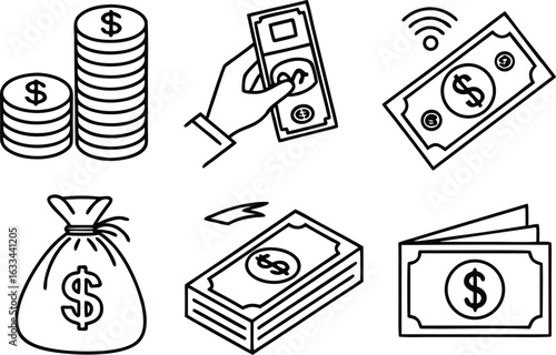 Set of outline money related icons vector illustration depicting coins bills and a money bag financial concept graphics