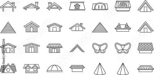Collection of various roof types and architectural designs, showcasing different shapes, styles, and construction methods for building structures