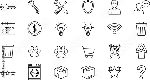 Collection of various linear icons such as key, tool, shield, user, calendar, dollar, lightbulb, wifi, trash bin, paw print, and shopping cart