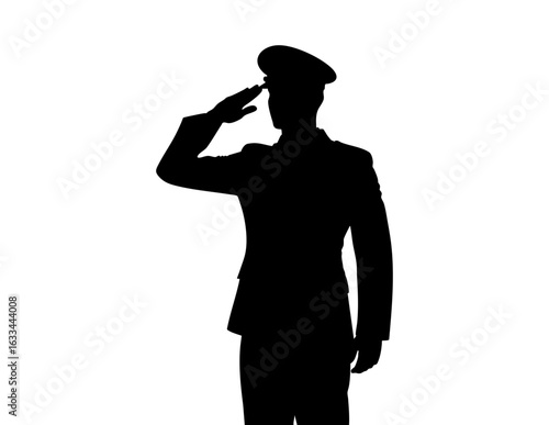 Military officer silhouette saluting respect honor, formal uniform, white background, concept of discipline, patriotism and service.