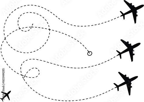 Silhouetted airplanes with dotted flight paths tracing routes of international travel across a white background showcasing airline connections