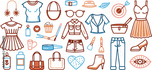 Stylized Line Art Icons of Women's Fashion Items and Accessories in Earth Tones style clothing