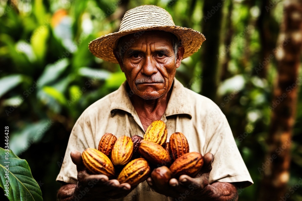 Fototapeta premium Cocoa farmer harvesting cacao fruit in lush jungle, holding ripe pod picker, man working