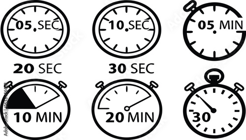 Stopwatch Icons Collection Representing Different Time Intervals and Durations for Various Applications Design and Usage