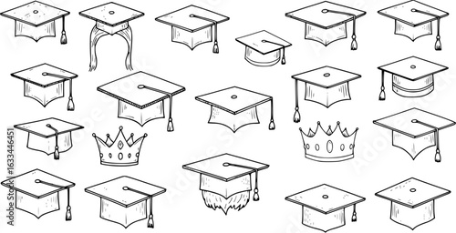 Graduation Caps  Crowns: Hand-Drawn Sketch Illustration of Academic Achievement and Royalty
