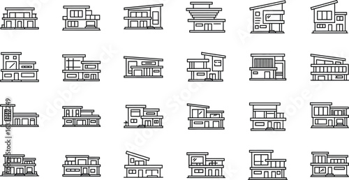 Collection of modern house designs showcasing architectural diversity and contemporary living in a minimalist line art style