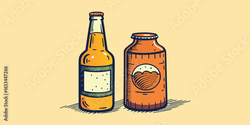 Brown bottle and glass of cold beer on a white background with a blank label
