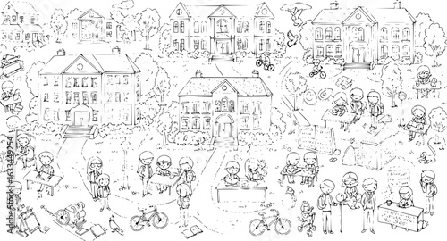 School Campus Scene: Hand-Drawn Illustration of Students, Buildings, and Activities