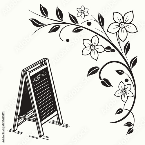 Black A frame sign with floral border blackboard easel