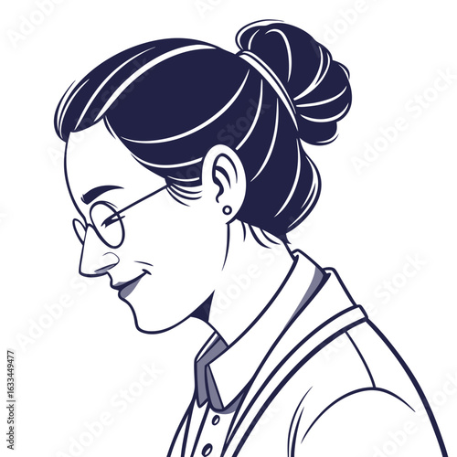 Woman with glasses and hair bun in profile headshot