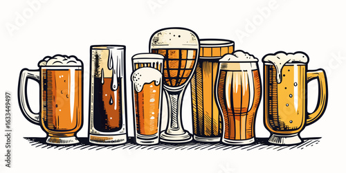 A cold glass of golden lager with a frothy white foam is isolated on a white background