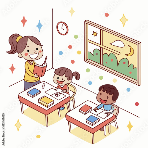 Teacher reading to children at desks in a classroom