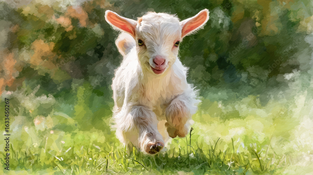 Fototapeta premium Playful young goat kid with white fur joyfully jumps on green grass in bright outdoor setting with blurred natural background