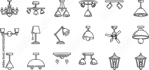 Collection of various lighting fixtures, including chandeliers, lamps, and ceiling lights, showcasing different styles and designs for interior decoration