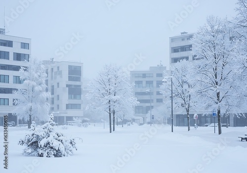 雪景色、マンションと街路樹