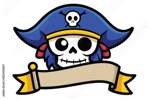 Cartoon Pirate Skull With Blue Hat, Skull And Crossbones, And Blank Scroll Banner