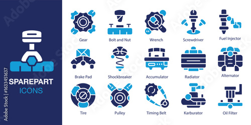 Sparepart icon set. Containing Gear, Bolt and Nut, Wrench, Screwdriver, Fuel Injector, and Brake Pad and more. Solid vector icons collection. Vector illustration.