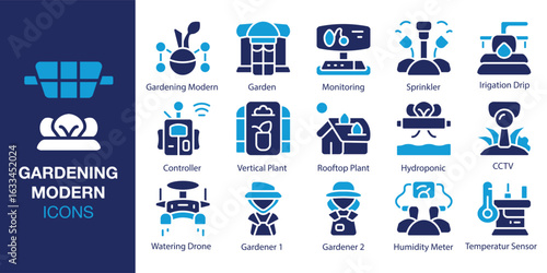 Gardening Modern icon set. Containing Gardening Modern, Vertical Plant, Hydroponic, CCTV, Humidity Meter, and Temperatur Sensor and more. Solid vector icons collection. Vector illustration.