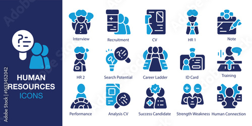 Human Resources icon set. Containing Interview, CV, Career Ladder, Performance, ID Card, and Training and more. Solid vector icons collection. Vector illustration.