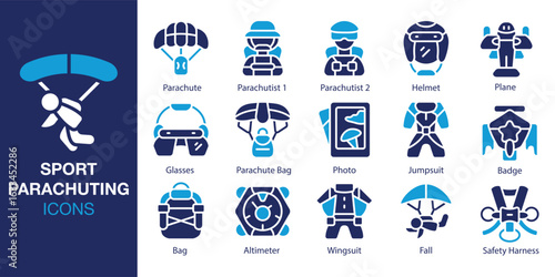 Sport Parachuting icon set. Containing Parachute, Parachutist 1, Parachutist 2, Helmet, Plane, Glasses and more. Solid vector icons collection. Vector illustration.