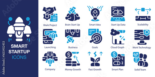 Smart Startup icon set. Containing Work Project, Brain Start Up, Smart Idea, Start Up Data, Scalability, Launching and more. Solid vector icons collection. Vector illustration.