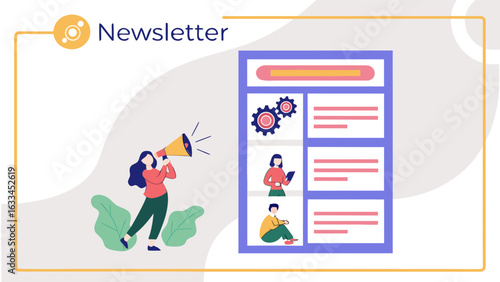 Digital newsletter announcement with megaphone and team collaboration illustration