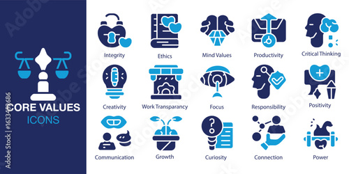 Core Values icon set. Containing Integrity, Ethics, Mind Values, Productivity, Critical Thinking, Creativity and more. Solid vector icons collection. Vector illustration.