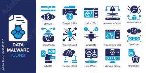 Data Malware icon set. Containing Spyware, Danger Folder, Locked Web, Malware in Server, Malware Virus, and Data Stolen and more. Solid vector icons collection. Vector illustration.