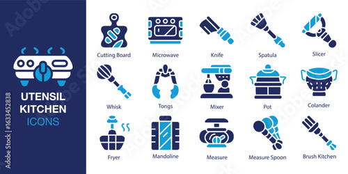 Utensil Kitchen icon set. Containing Cutting Board, Microwave, Knife, Spatula, Slicer, and Whisk and more. Solid vector icons collection. Vector illustration.