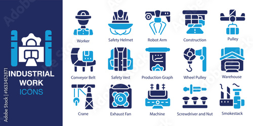 Industrial Work icon set. Containing Worker, Safety Helmet, Robot Arm, Construction, Pulley, and Conveyor Belt and more. Solid vector icons collection. Vector illustration.
