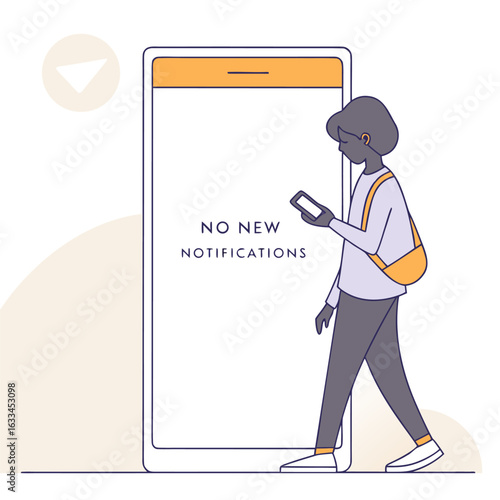 A person walks by a large smartphone displaying no new notifications highlighting digital disconnection and quiet moments in a modern world
