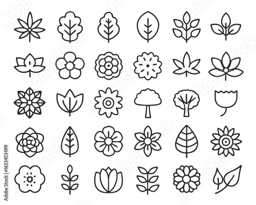A comprehensive collection of botanical line art symbols featuring diverse plant species and natural elements isolated on transparent background