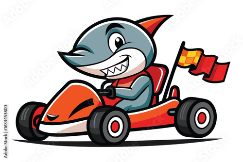 Cartoon Shark Smiling and Driving Orange GoKart with Checkered Race Flag Illustration