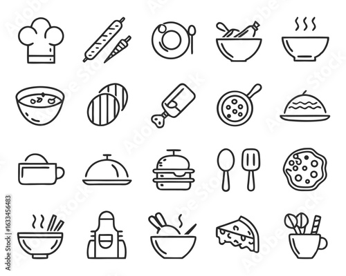 Collection of modern line art symbols for dining establishments and culinary experiences isolated on transparent background