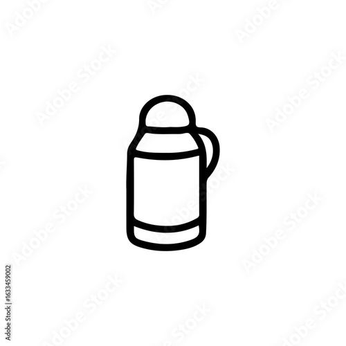 Simple black line icon of a thermos flask with handle. Ideal for camping, hiking, travel, picnic, and beverage-related concepts. Isolated vector illustration on white background.
