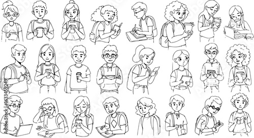 Hand-Drawn College Students: Line Art Illustration of Young People Studying, Reading, and Drinking Coffee