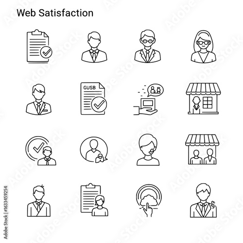 A collection of sixteen outline icons representing web satisfaction, featuring people, documents, shops, and digital interactions.