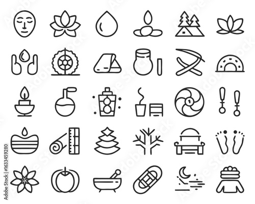 A curated collection of modern line graphics representing tranquility calm and restorative activities isolated on transparent background