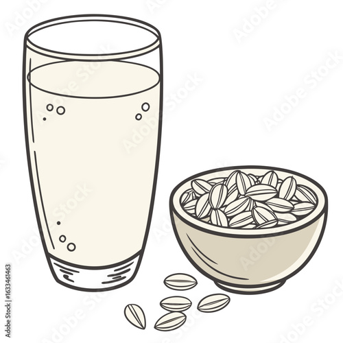 Glass of oat milk with bowl of oats and scattered seeds