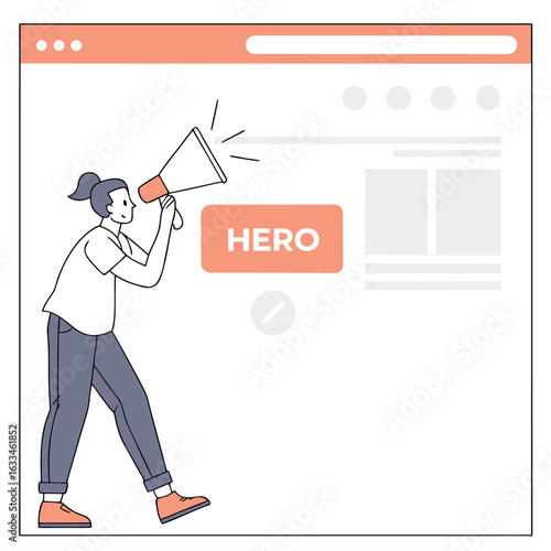 Digital marketing campaign announcement a person uses a megaphone to promote a hero section on a website signaling a key feature or offer