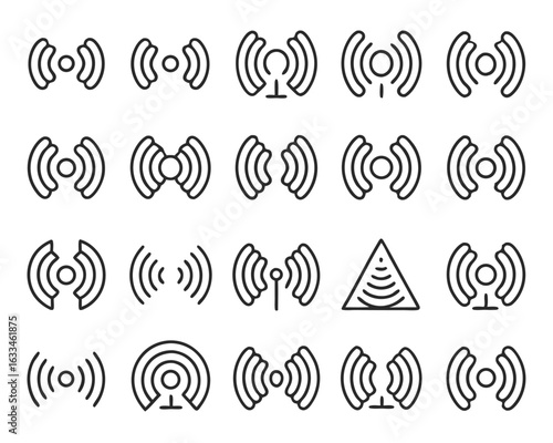 Collection of simple monochrome radio wave and sound signal icons for broadcast and communication design isolated on transparent background