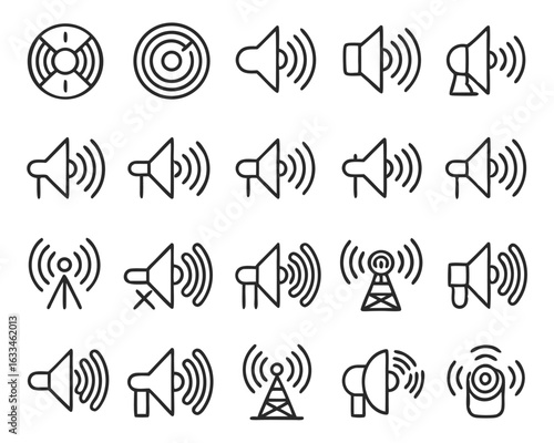 Collection of simple monochrome radio wave and sound signal icons for communication and broadcasting designs isolated on transparent background